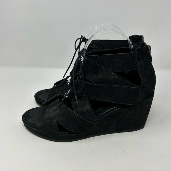 Eileen Fisher Black Lace Up Strappy Wedge Sandals Open Toe Size 9 Back Zipper - Picture 6 of 12